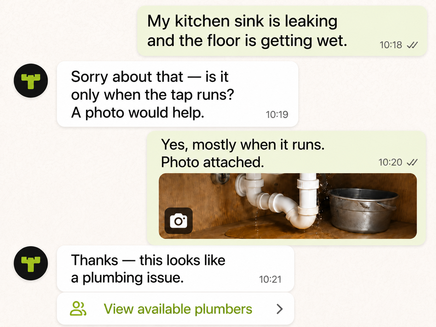 Chat with the Trady assistant: a customer reports a leaking kitchen sink, shares a photo, and Trady identifies it as a plumbing job.