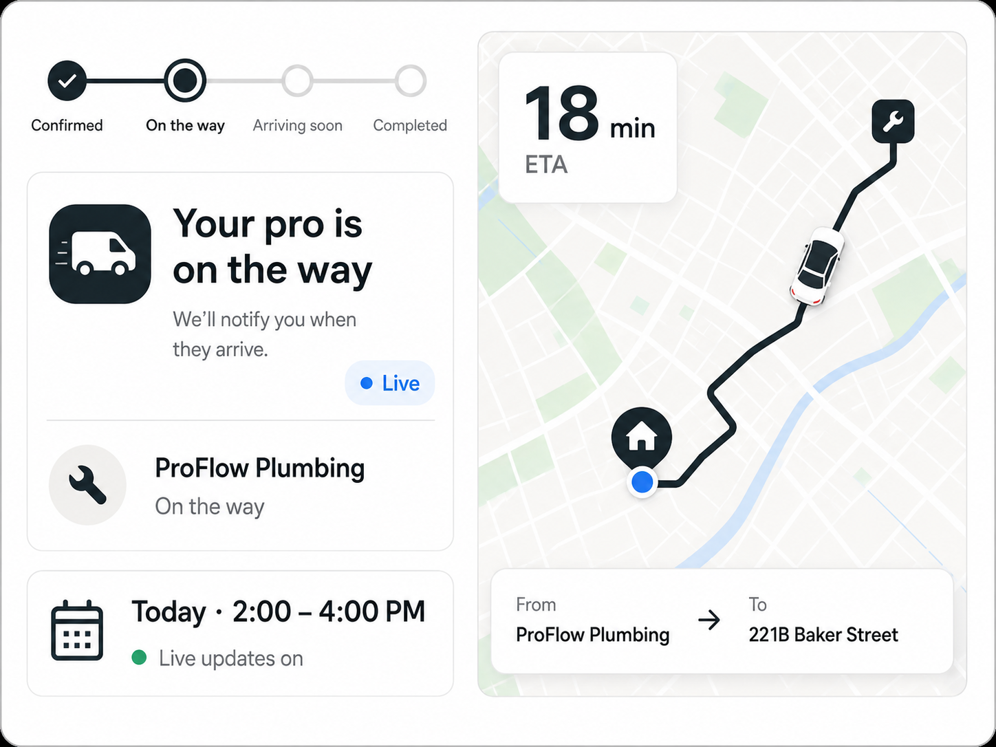 Live tracking screen: your pro on the way with an 18-minute ETA, a route map to the customer's home, and status from confirmed to completed.